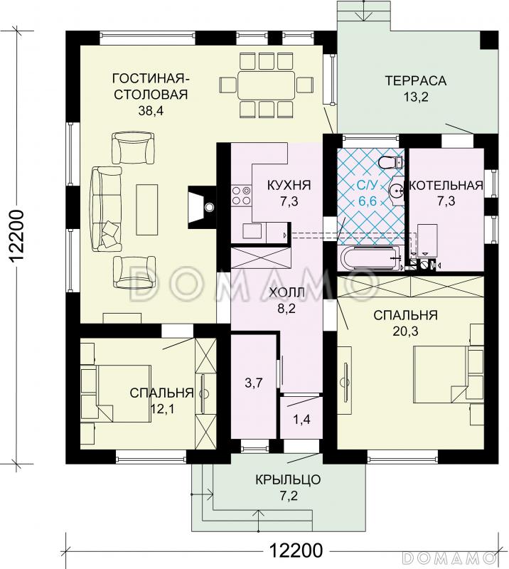 Проект одноэтажного дома в современном стиле с двумя спальнями / План 1 этажа