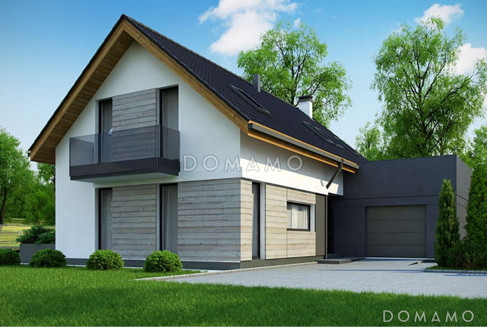 Проект одноэтажного мансардного дома из газобетона с кабинетом, балконом и гаражом