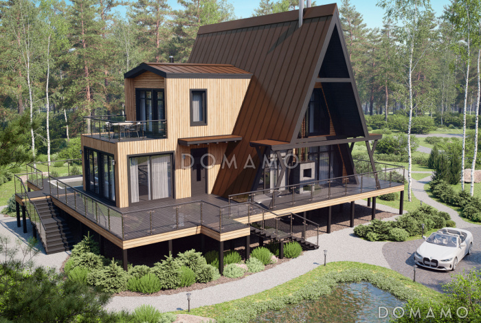 Дом A-frame с обходной террасой и бассейном