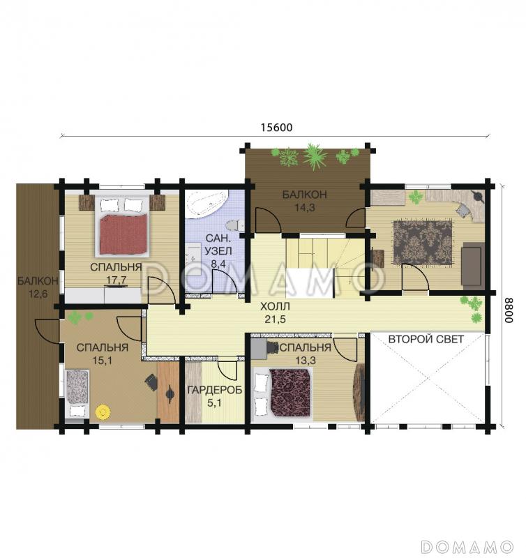 Проект двухэтажного дома из клееного бруса со вторым светом над кухней и просторной гостиной / План мансардного этажа
