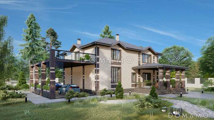 Проект двухэтажного кирпичного дома со вторым светом, навесом для автомобиля и открытой террасой на втором этаже