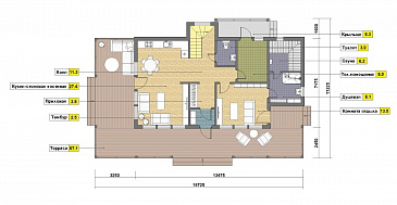 Проект дома из пеноблоков с угловой террасой и просторным балконом на мансардном этаже / План 1 этажа