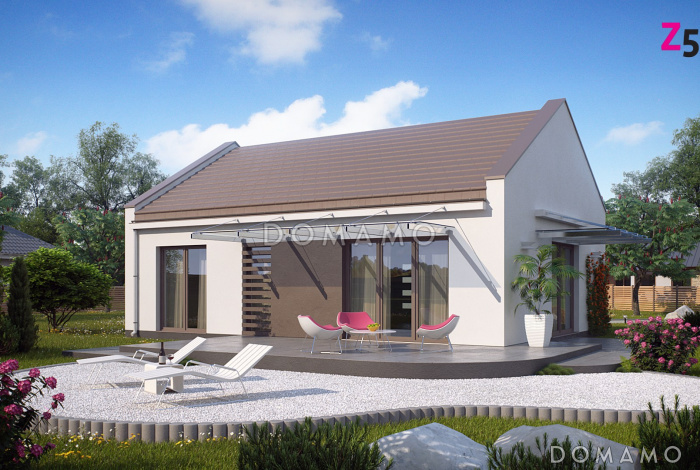 Проект компактного одноэтажного дома из кирпича с двумя спальнями и большой угловой открытой террасой