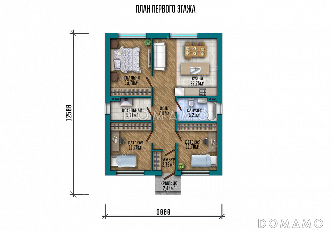 Проект маленького одноэтажного дома с тремя спальнями, котельно, санузлом и кухней / План 1 этажа