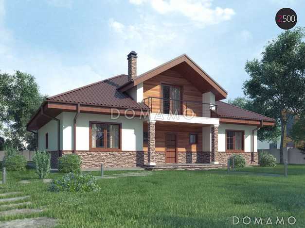 Проект одноэтажного дома из газобетона с мансардой и балконом и зоной барбекю на террасе 