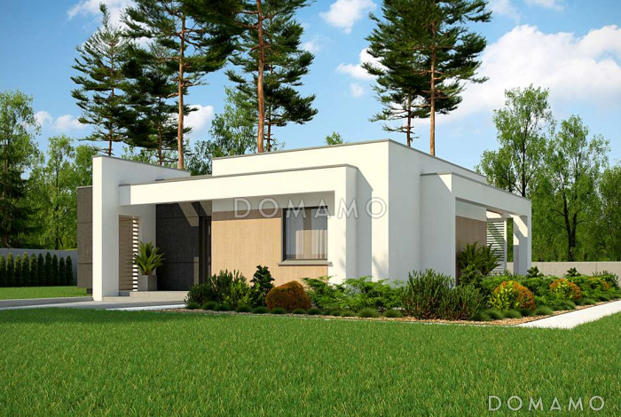 Проект компактного одноэтажного дома из кирпича с плоской крышей, с тремя спальнями и угловой крытой террасой