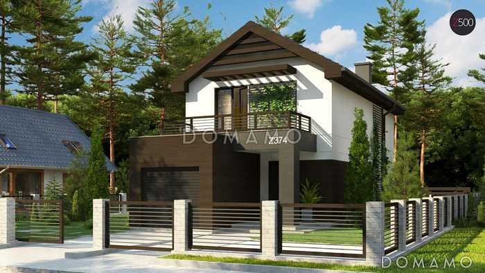 Проект компактного двухэтажного дома из газобетона современного дизайна с гаражом