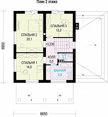 Проект двухэтажного дома с гаражом, террасой и камином в гостиной / План 2 этажа