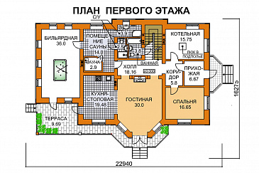 Проект дома из пеноблоков с бильярдной и небольшой сауной / План 1 этажа