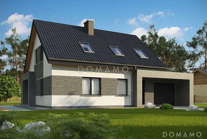 Проект одноэтажного мансардного дома из газобетона в современном стиле, с гаражом и террасой над ним