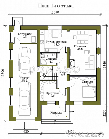 Проект двухэтажного газобетонного дома с гаражом на два машиноместа, тремя спальнями и кабинетом на втором этаже / План 1 этажа