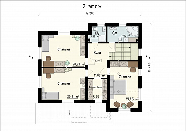 Проект двухэтажного дома с террасой, большой кухней-гостиной, кладовой / План 2 этажа