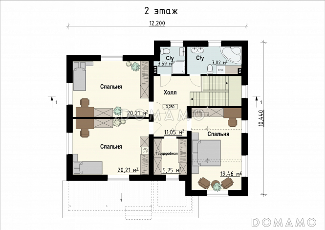 Проект двухэтажного дома с террасой, большой кухней-гостиной, кладовой / План 2 этажа
