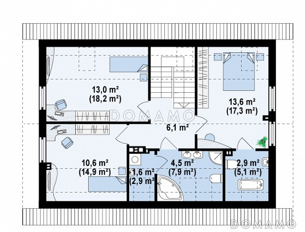 Проект одноэтажного мансардного дома из газобетона с дополнительной спальней и кабинетом на первом этаже / План мансардного этажа