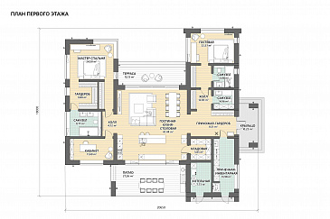 Проект дома с патио, двумя приватными зонами и кабинетом / План 1 этажа