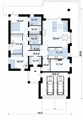 Проект одноэтажного дома из газобетона со свободной планировкой на мансардном этаже и с большим гаражом и техническим помещением / План 1 этажа