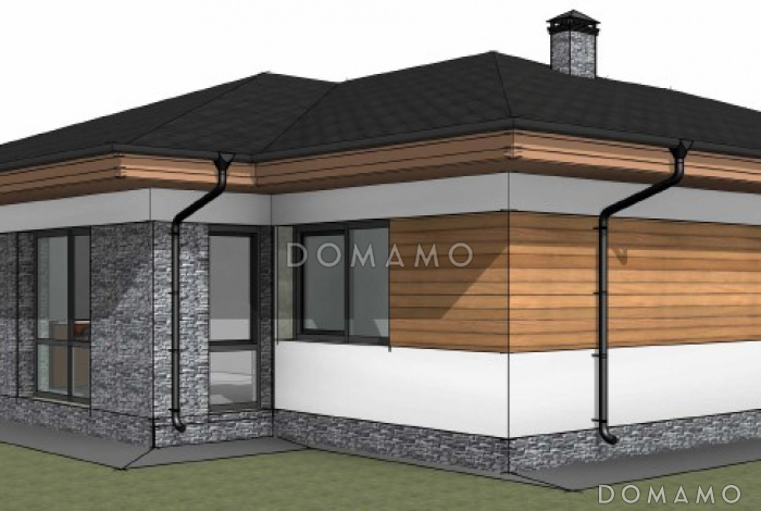Проект одноэтажного дома с вальмовой крышей, гаражом на 2 машины, хозяйской и гостевыми спальными комнатами
