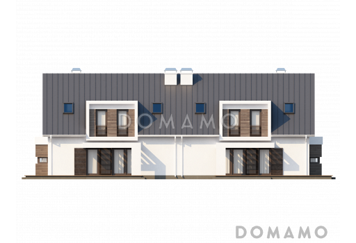 Проект современных мансардных домов-близнецов из кирпича с гаражом, слуховым окном и балконом / Фасад 2