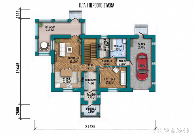 Проект дома с просторной верандой и гаражом / План 1 этажа