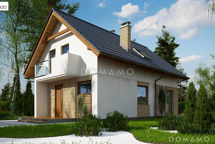 Проект одноэтажного мансардного дома из газобетона с кабинетом и балконом