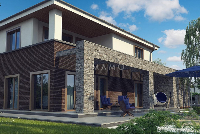 Проект загородного дома с комнатой отдыха, сауной, террасами, кладовой