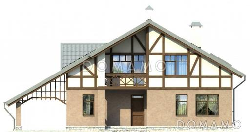 Проект дома в стиле фахверк с двусветной гостиной и навесом для машины / Фасад 1