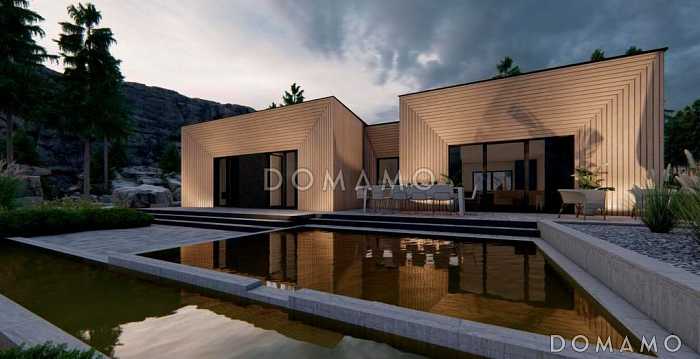 Проект одноэтажного дома с плоской крышей, просторной кухней-гостиной, гаражом, мастер-спальней