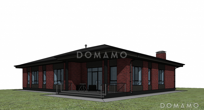 Проект одноэтажного дома с детскими комнатами, кабинетом, хозяйской спальней, террасой