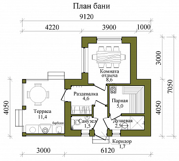 План газобетонной бани с барбекю в средневековом английском стиле / План 1 этажа
