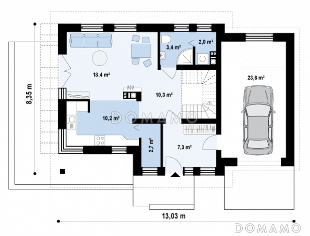 Проект одноэтажного мансардного дома из газобетона с гаражом и тремя спальнями / План 1 этажа