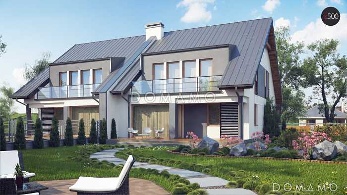 Проект мансардных домов-близнецов из кирпича с гаражом и слуховым окном