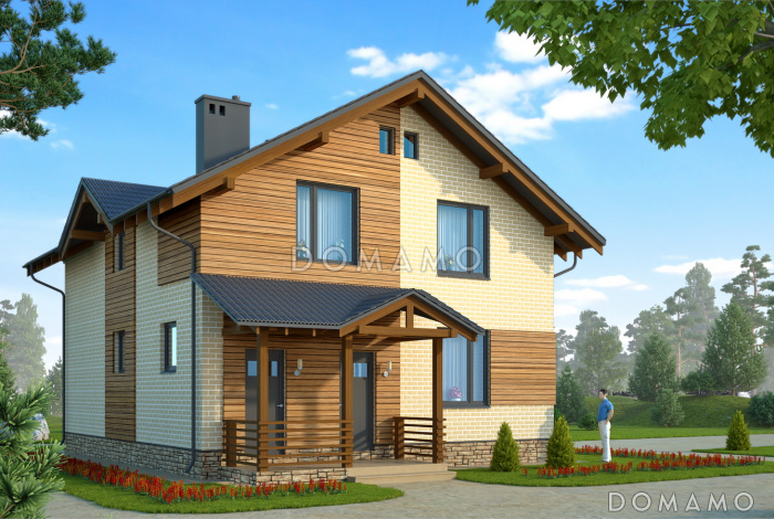 Проект двухэтажного коттеджа с кирпичной отделкой и эркером в гостиной