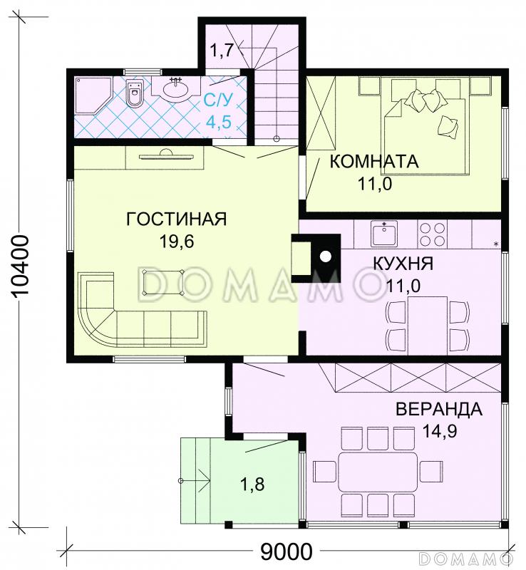 Проект вместительного загородного дома с уютной верандой и отличной планировкой / План 1 этажа