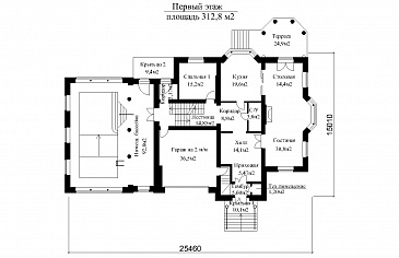 Проект двухэтажного особняка в классическом стиле, с бассейном, зимним садом и просторной террасой второго этажа  / План 1 этажа