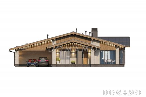 Проект дома из газобетона с навесом для автомобилей, мастер-спальней, совмещенной гостиной-столовой и кухней / Фасад 4