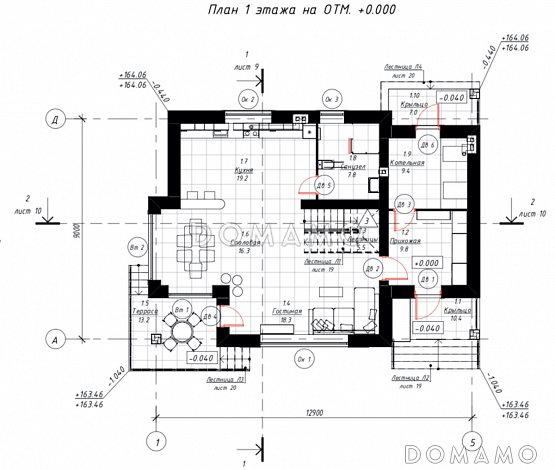 Проект дома с 4 спальнями, свободной планировкой кухни-гостиной-столовой и балконами на мансарде / План 1 этажа