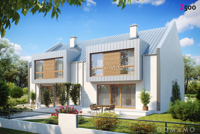 Проект современных мансардных домов-близнецов из газобетона с гаражом, тремя спальнями и красивым слуховым окном и балконом