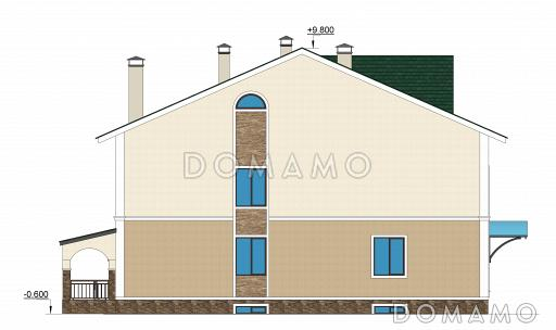 Проект двухэтажного коттеджа с цоколем, с гаражом и отдельным входом в кабинет / Фасад 3
