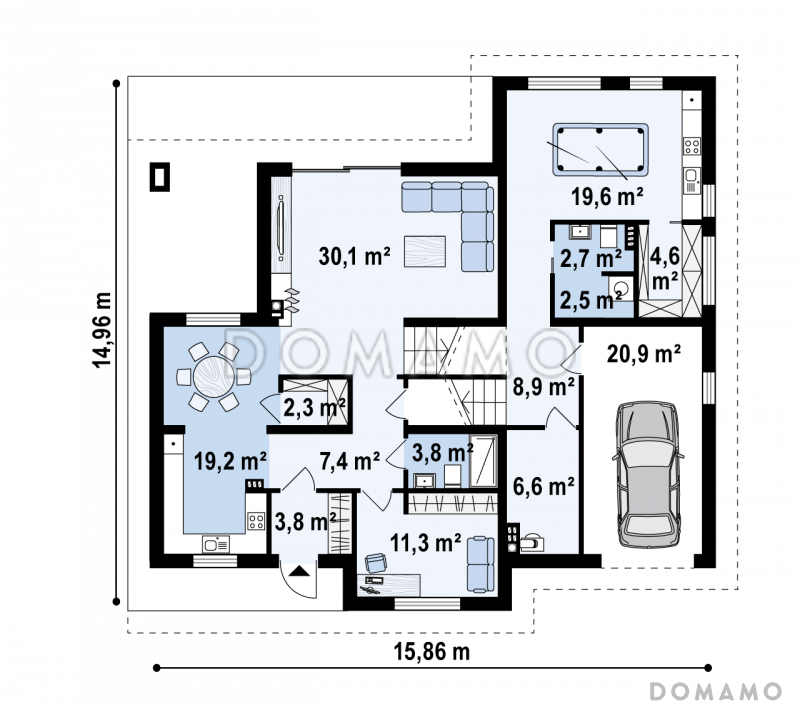 Проект комфортного одноэтажного дома из кирпича с подземным гаражом и бильярдной на цокольном этаже / План 1 этажа