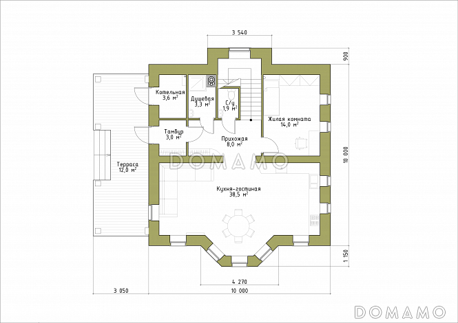 Проект классического коттеджа 10х10 с террасой из кирпича / План 1 этажа