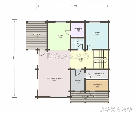 Проект дома из клееного бруса с отдельным входом в топочную / План 1 этажа