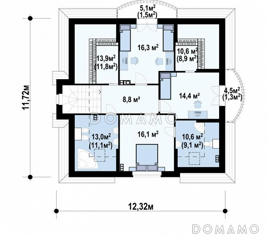 Проект дома с подвалом, просторной гостиной и кухней, балконами, кабинетом / План мансардного этажа