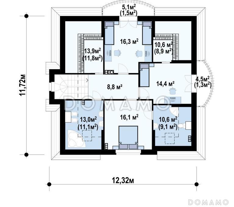 Проект дома с подвалом, просторной гостиной и кухней, балконами, кабинетом / План мансардного этажа