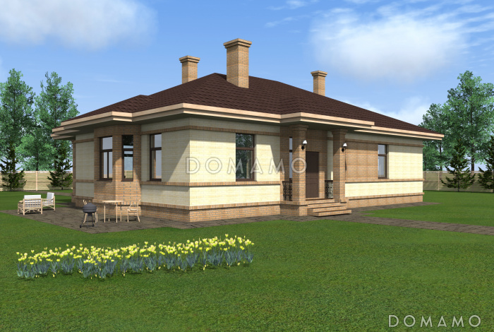 Одноэтажный дом из крупноформатного кирпича с тремя спальнями, большой кухней-гостиной и сауной