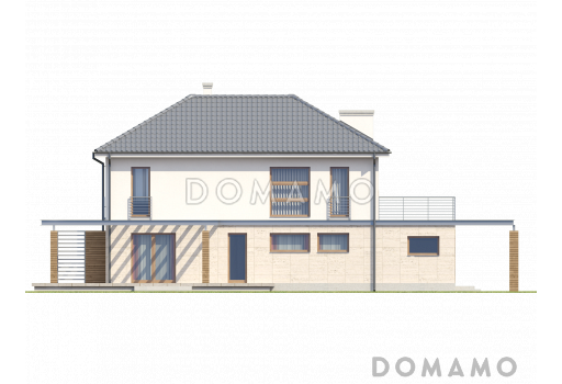 Проект двухэтажного дома из кирпича с четырьмя комнатами, гаражом и открытой террасой над ним / Фасад 2