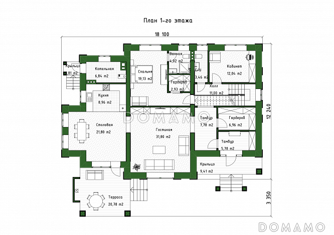 Проект большого дома с 5 спальнями, кабинетом и просторной гостиной / План 1 этажа