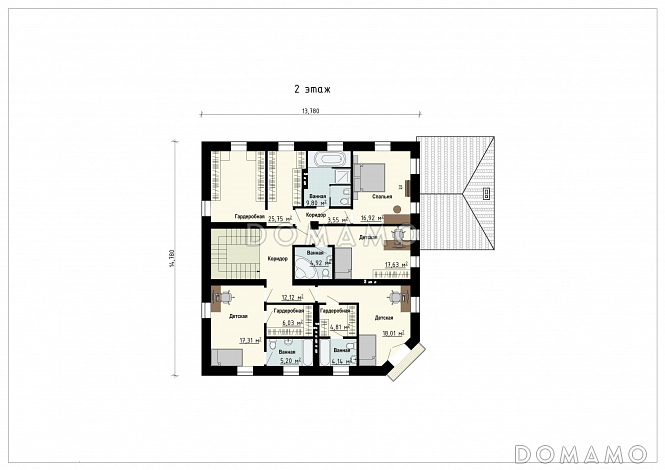 Проект дома с входом с угла здания, террасами, кладовой в кухне, сауной, хозяйской спальней и детскими / План 2 этажа