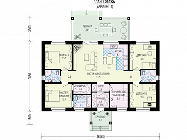 Проект одноэтажного дома из керамоблока с 4 комнатами, 3 санузлами и крытой террасой / План 1 этажа