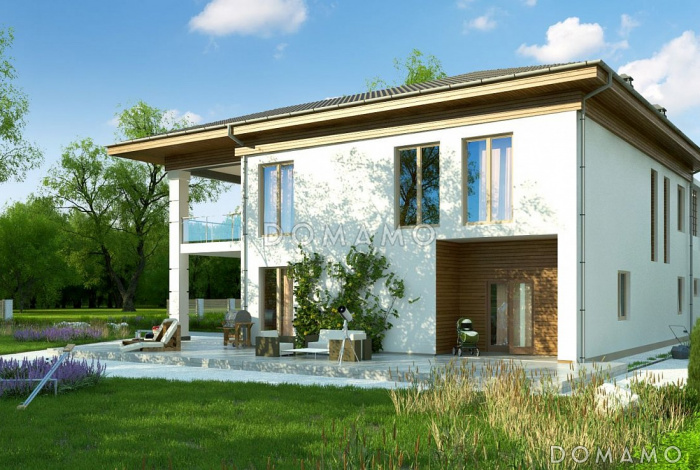 Проект просторного двухэтажного дома из кирпича с четырьмя комнатами, гаражом и террасами на обоих уровнях