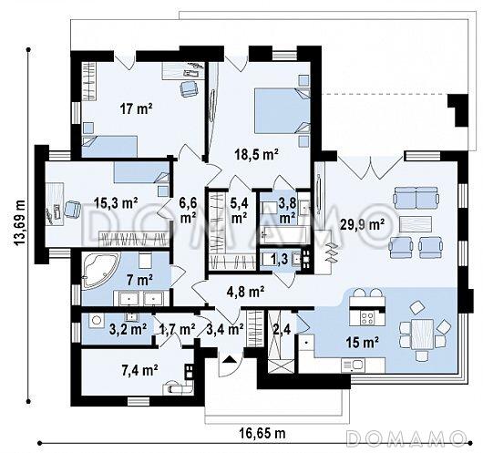 Проект современного одноэтажного дома из газобетона с плоской крышей с тремя спальнями и частично крытой террасой, без гаража / План 1 этажа